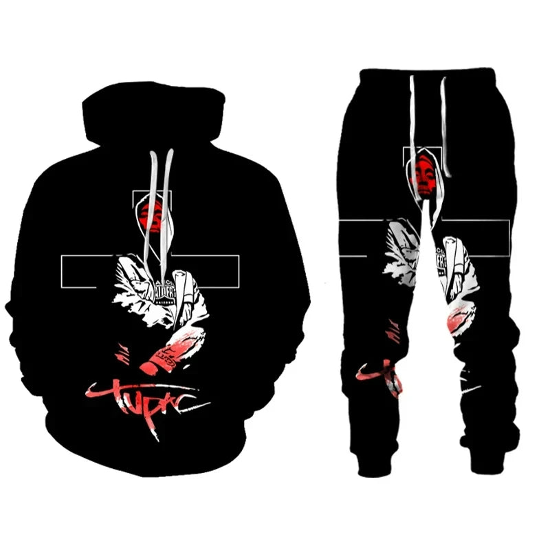 Rap Singer 2 PAC Tupac 3D Printed Hoodie Suit Men Sweatshirts Sweatpants Casual Fashion Two Piece Tracksuit Set Men's Clothing