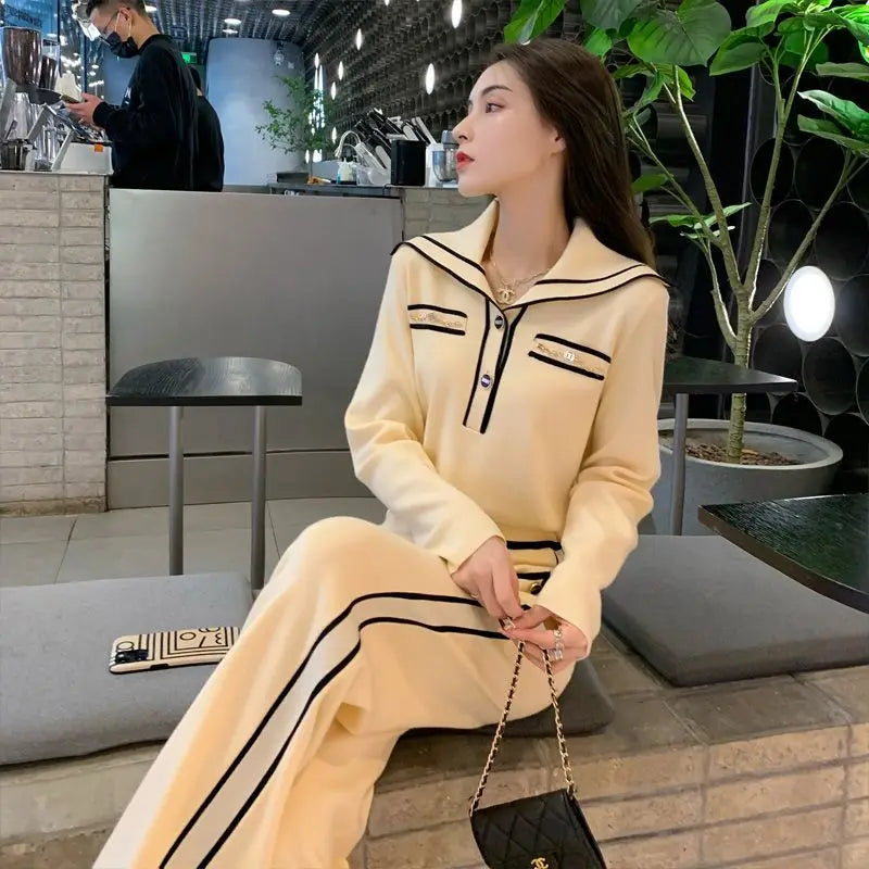 Fashion Suit Women's Autumn and Winter New Style Western-style Age Reducing Navy Collar Top Long Pants Two-piece Set