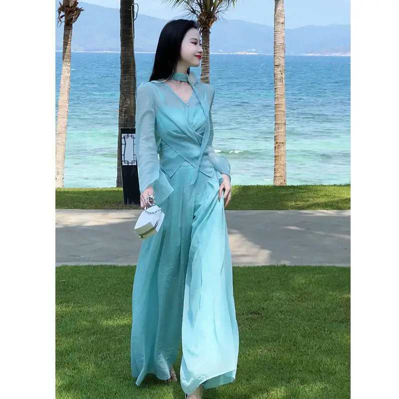 Spring and Summer Fashionable Women's Set Korean Style Fashionable Collar Flower Suspender Top Wide Leg Pants Two-piece Set