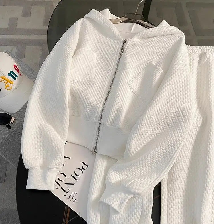 White Casual Sports Suit New Women's Loose and Age Reducing Thin Style Long Sleeved Hooded Sweatshirt Long Pants Two-piece Set