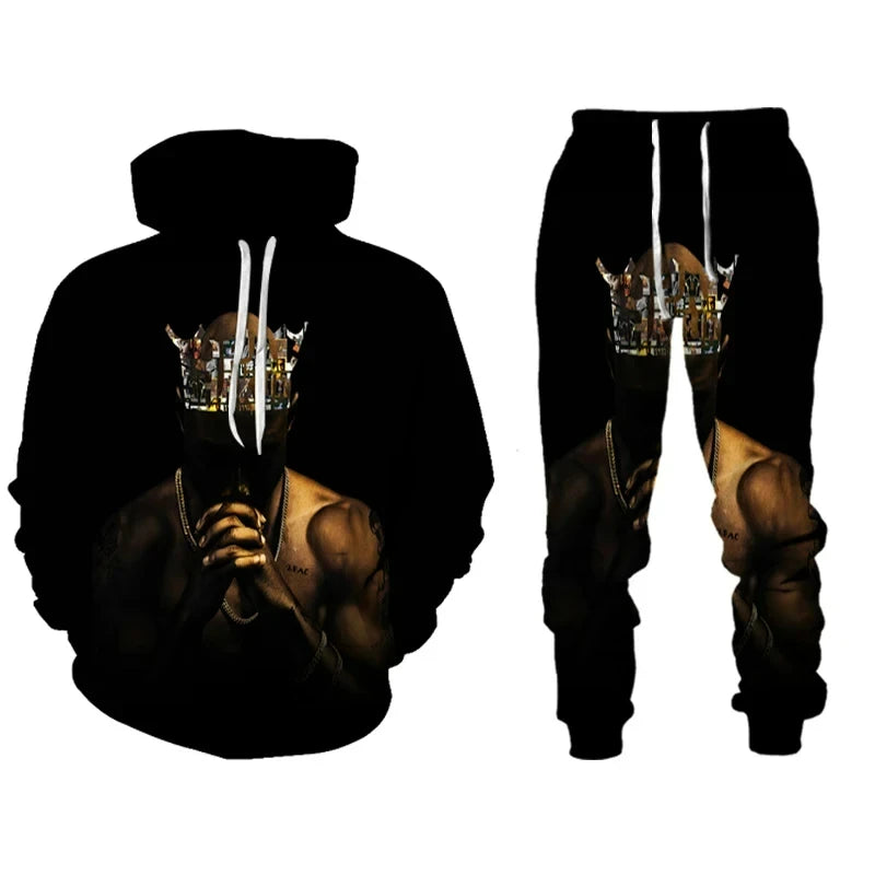 Rap Singer 2 PAC Tupac 3D Printed Hoodie Suit Men Sweatshirts Sweatpants Casual Fashion Two Piece Tracksuit Set Men's Clothing