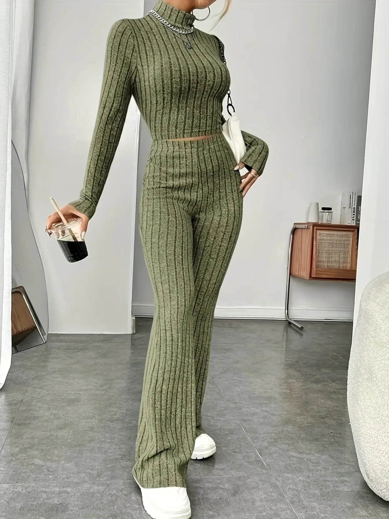 2024 Spring Knitted 2 Piece Sets Women Tracksuit Long Sleeve Vintage Sweater Crop Top Flare Pants Stretch Matching Suit Outfit