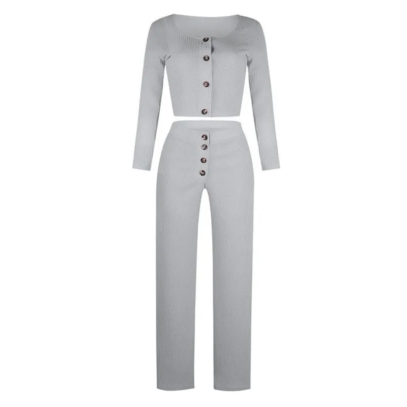 Button Solid Two Piece Set Women's Outfit Fashion Square Neck Long Sleeve Casual Short Cardigan Top & Buttoned Casual Pants Suit