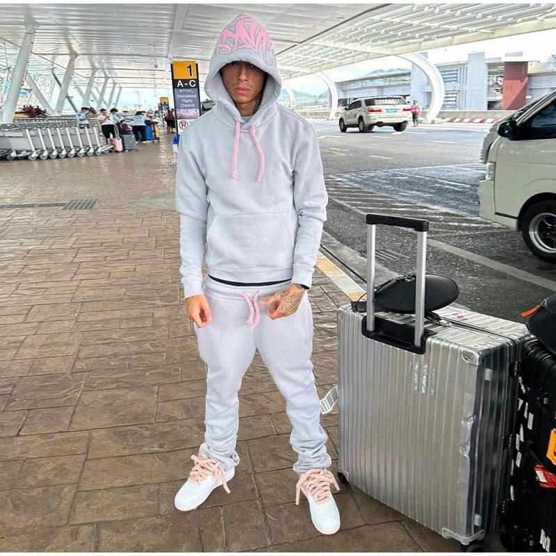 Y2k Street Men Hoodies Straight Pants 2 Piece Set Hip Hop Sports Hooded Pullover Trousers Casual Loose Cotton Printed Tracksuit