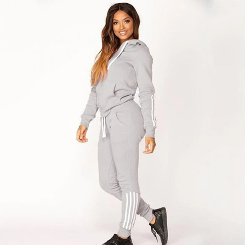 Women's striped sportswear two-piece casual long sleeved full zippered hoodie and pants sportswear set