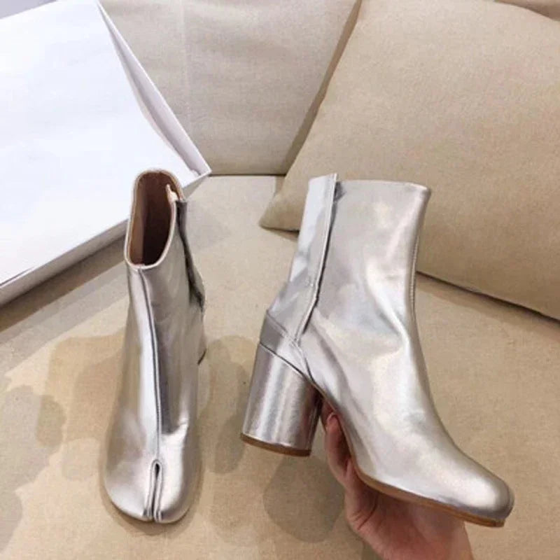 2024 Luxury Brand Design Leather Tabi Boots Fashion Round Chunky High Heel Ankle Boots For Women Autumn Winter Split Toe Shoes