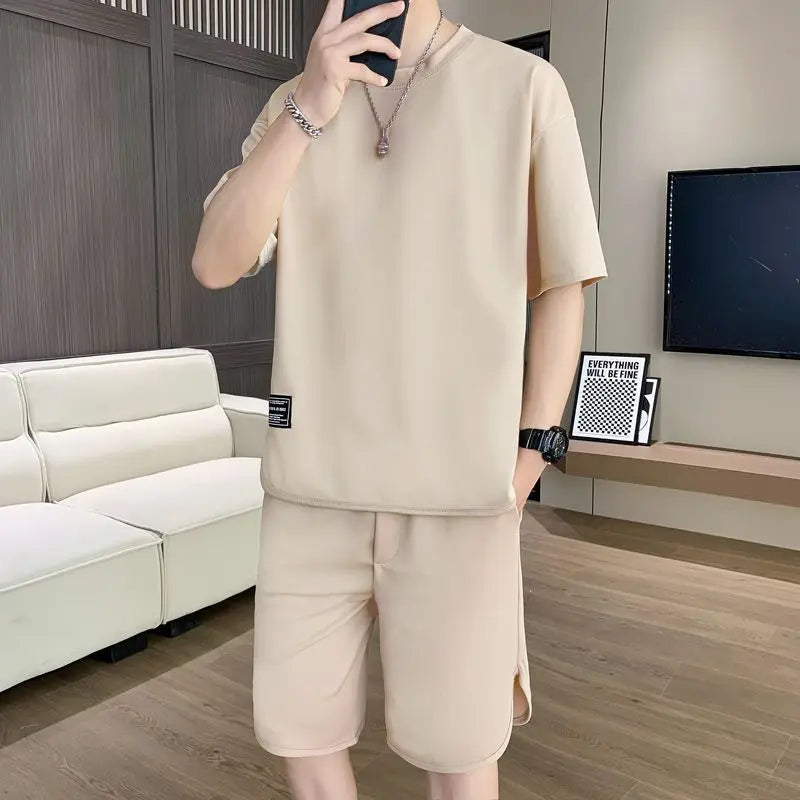 Men's Shorts Set Black Plain Workout Clothing Male T Shirt Short Sets Youthful Emo Two Piece Korean Style 2024 Outfit Stylish