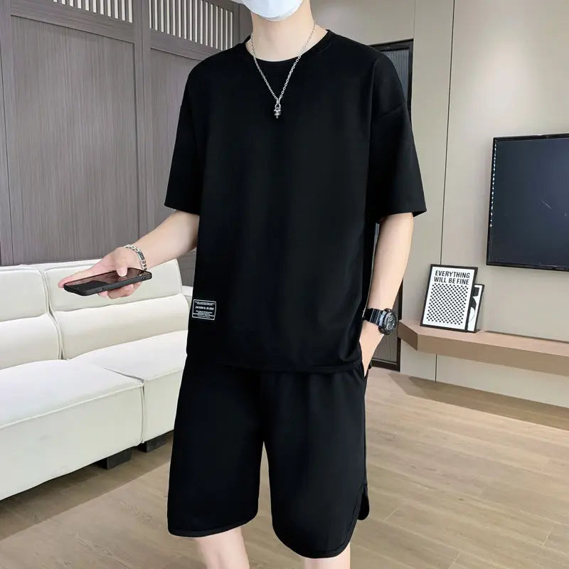 Men's Shorts Set Black Plain Workout Clothing Male T Shirt Short Sets Youthful Emo Two Piece Korean Style 2024 Outfit Stylish