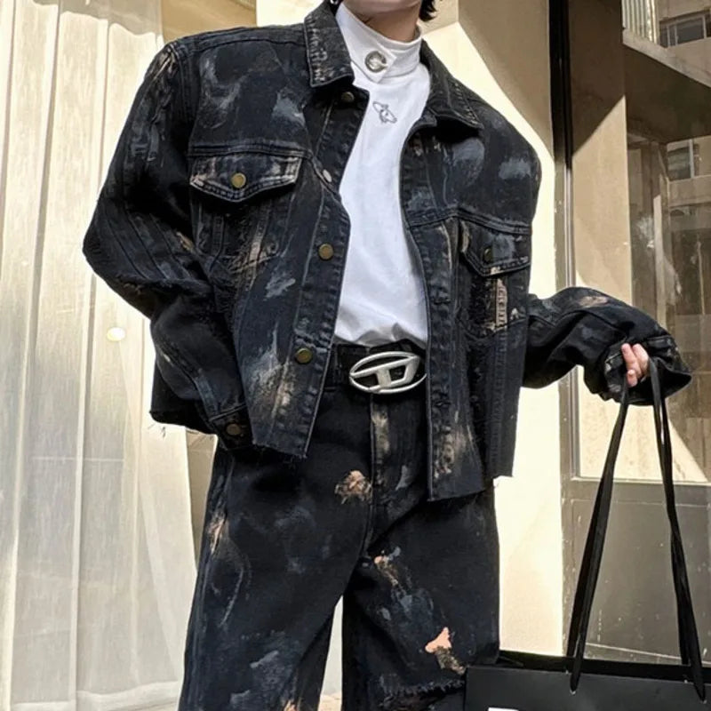 PFNW Niche Colorful Brushed Black Denim Set Men's Loose Jacket + Ripped Straight Denim Trousers Men's Casual Two Pieces 24X4260