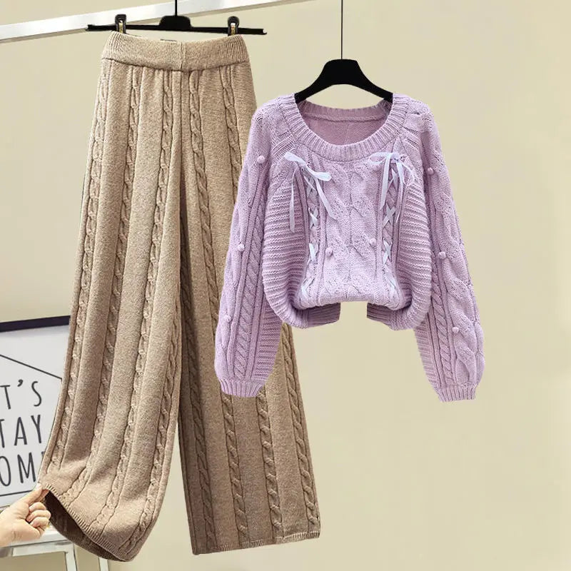 Winter New Round Neck Long Sleeve Knitted Sweater Fried Dough Twists Knitted Wide Leg Pants Two Piece Elegant Women's Pants Set