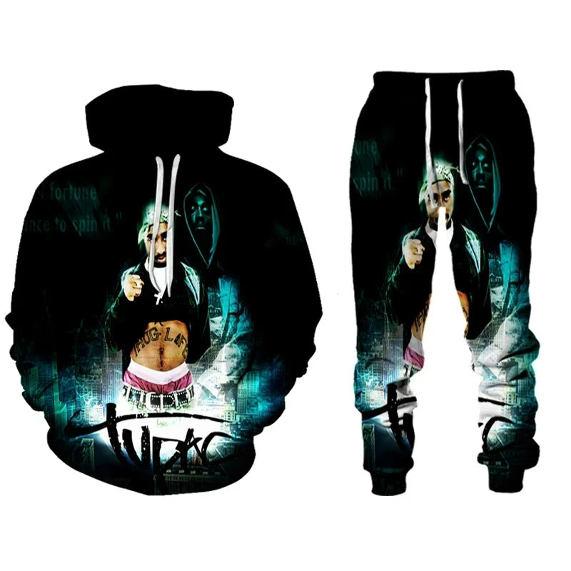 Rap Singer 2 PAC Tupac 3D Printed Hoodie Suit Men Sweatshirts Sweatpants Casual Fashion Two Piece Tracksuit Set Men's Clothing