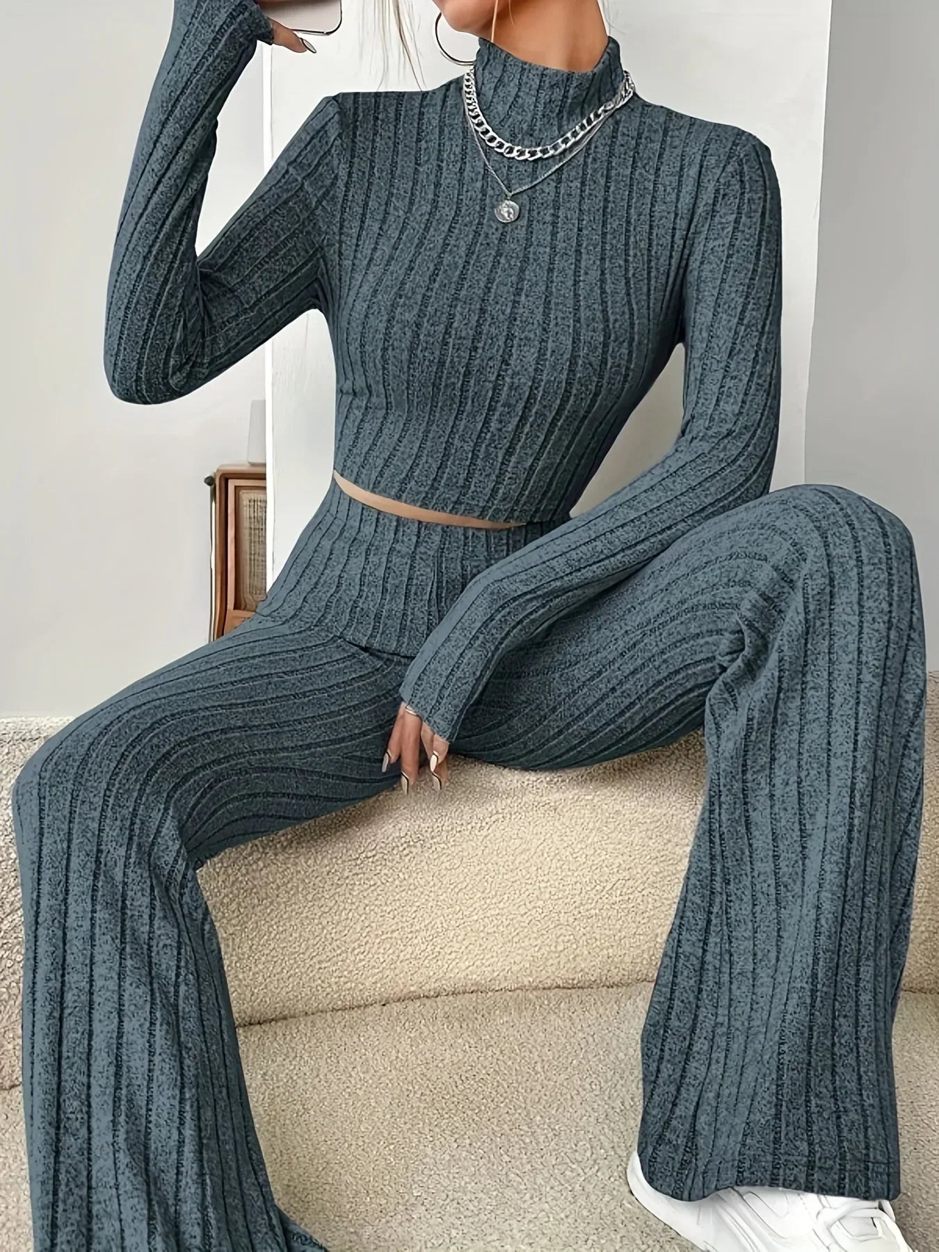 2024 Spring Knitted 2 Piece Sets Women Tracksuit Long Sleeve Vintage Sweater Crop Top Flare Pants Stretch Matching Suit Outfit