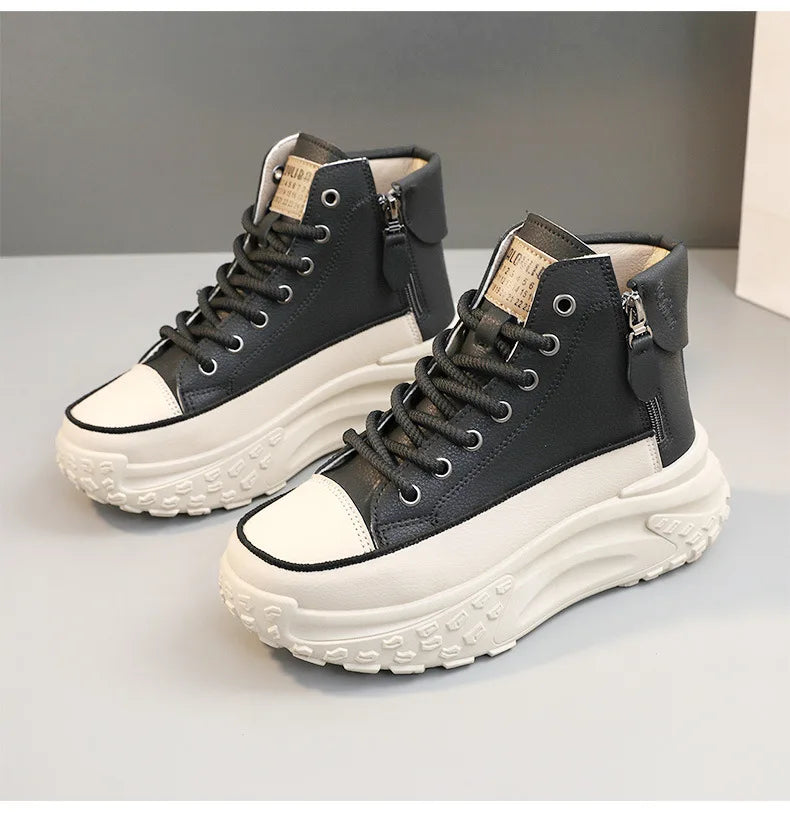 Women Boots High Top Winter Plush 2024 New Round Toe Thick Sole Height Increasing Lace Up Zipper Platform Casual Shoe Warm Boots