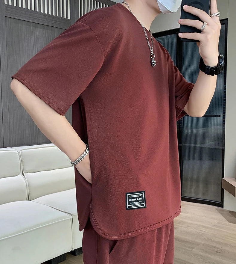 Men's Shorts Set Black Plain Workout Clothing Male T Shirt Short Sets Youthful Emo Two Piece Korean Style 2024 Outfit Stylish