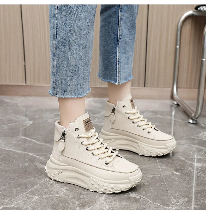 Women Boots High Top Winter Plush 2024 New Round Toe Thick Sole Height Increasing Lace Up Zipper Platform Casual Shoe Warm Boots