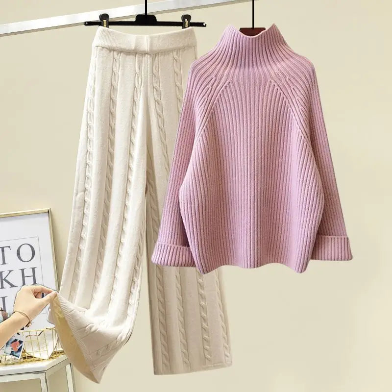 Winter New Round Neck Long Sleeve Knitted Sweater Fried Dough Twists Knitted Wide Leg Pants Two Piece Elegant Women's Pants Set