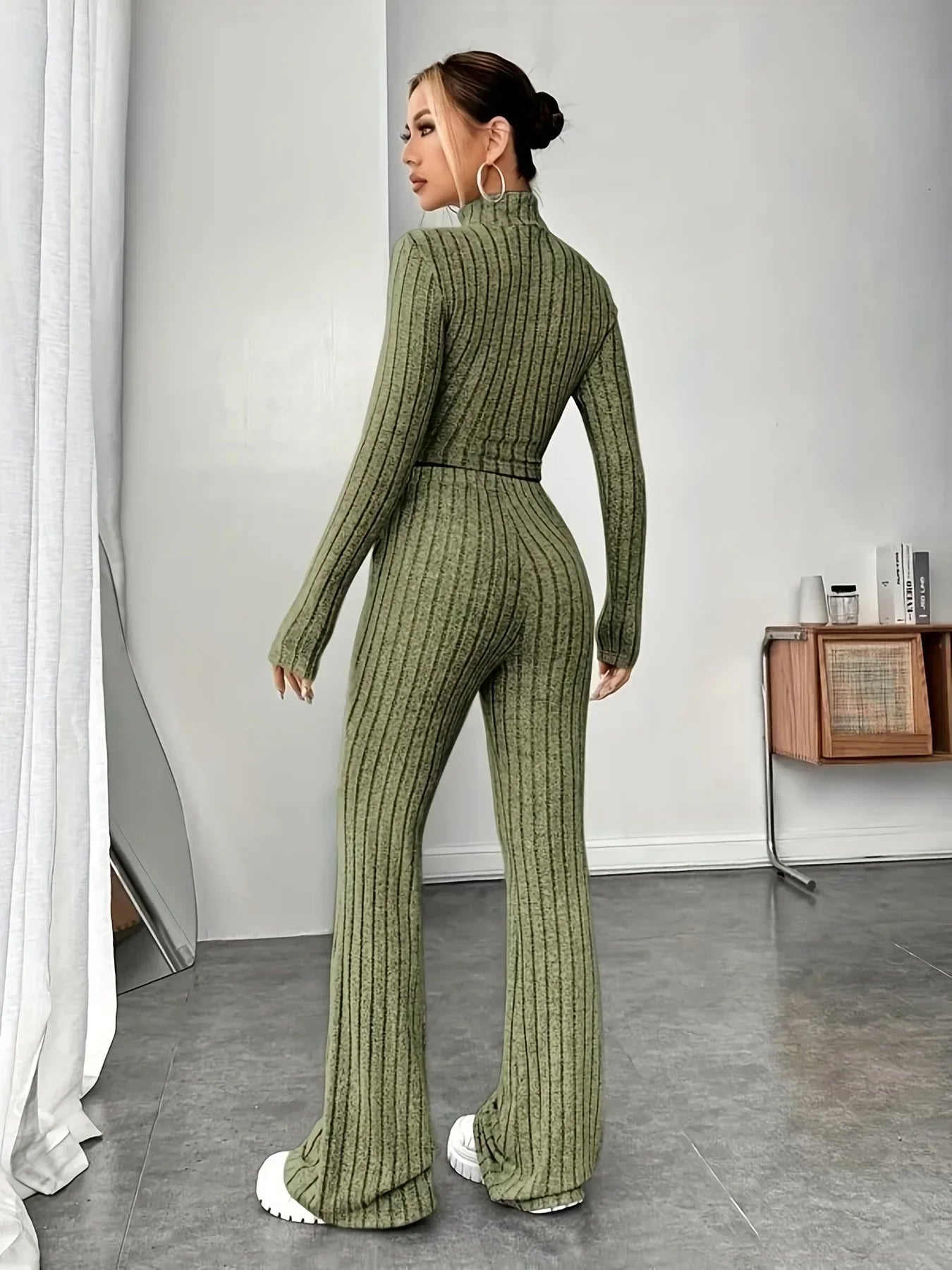 2024 Spring Knitted 2 Piece Sets Women Tracksuit Long Sleeve Vintage Sweater Crop Top Flare Pants Stretch Matching Suit Outfit