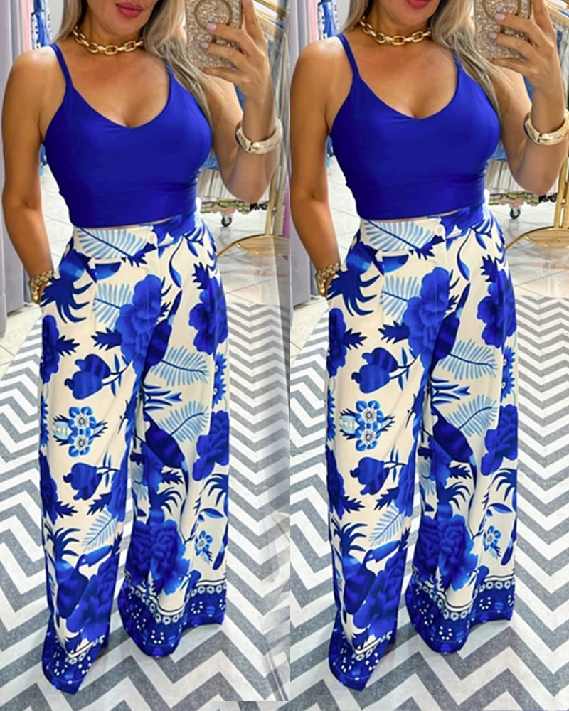 Elegant two piece set for woman UrbanCommuter women's sleeveless button V-neck vest top high waist pocket straight leg pants set