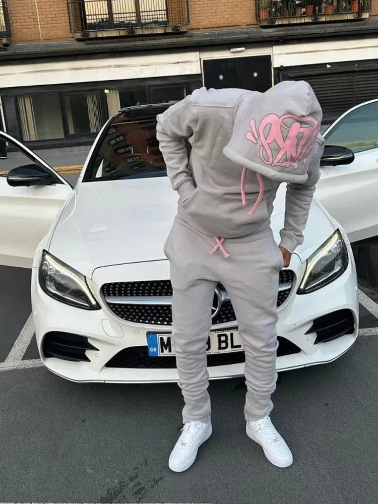 Y2k Street Men Hoodies Straight Pants 2 Piece Set Hip Hop Sports Hooded Pullover Trousers Casual Loose Cotton Printed Tracksuit