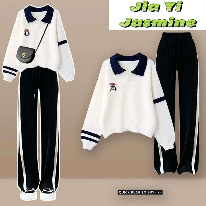 2024 Salt Style College Style Polo Hoodie Set for Women's Autumn New Casual Sports Wide Leg Pants Two Piece Set