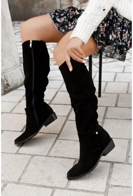 Low Heel Side Zip Size 43 Suede Thigh High Women's Boots Retro Woman Booties Autumn Winter Knee High Boots 2024