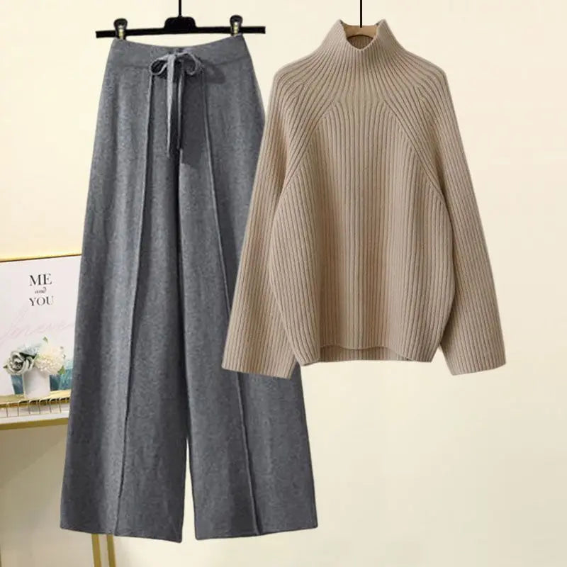 Autumn Winter New Loose Semi High Neck Long Sleeved Knitted Sweater Plush Wide Leg Pants Two-piece Set Elegant Women's Pants Set