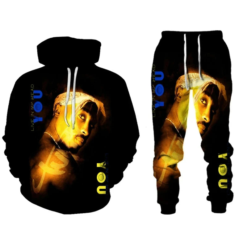 Rap Singer 2 PAC Tupac 3D Printed Hoodie Suit Men Sweatshirts Sweatpants Casual Fashion Two Piece Tracksuit Set Men's Clothing