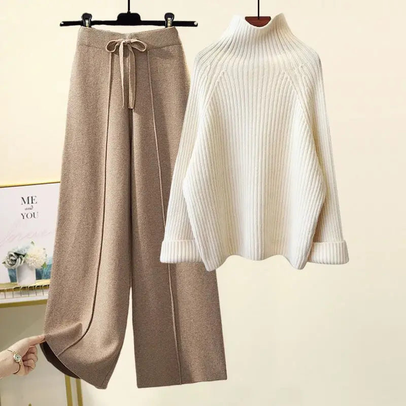 Autumn Winter New Loose Semi High Neck Long Sleeved Knitted Sweater Plush Wide Leg Pants Two-piece Set Elegant Women's Pants Set