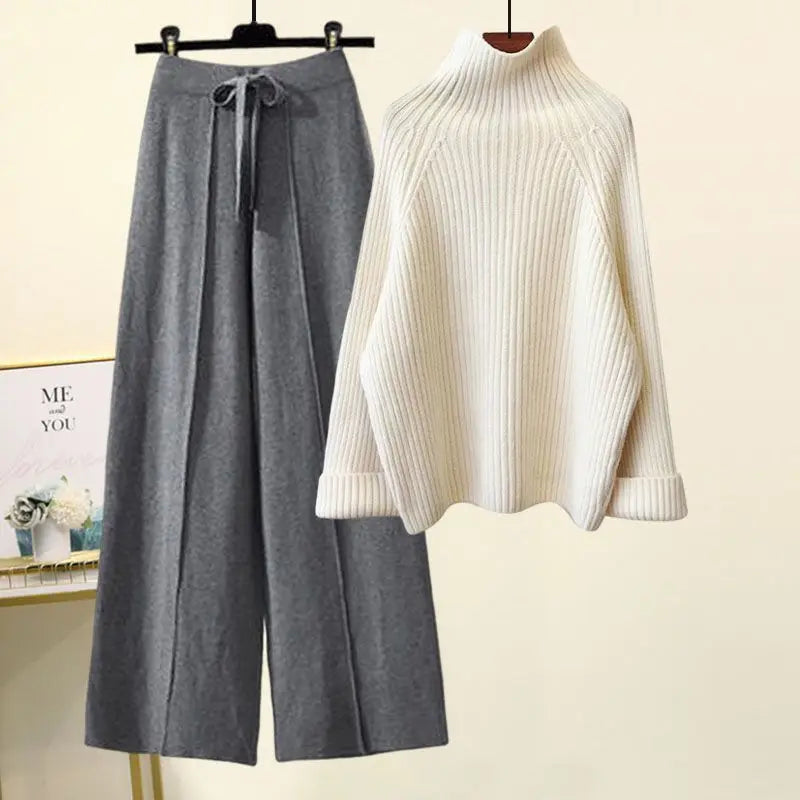 Autumn Winter New Loose Semi High Neck Long Sleeved Knitted Sweater Plush Wide Leg Pants Two-piece Set Elegant Women's Pants Set