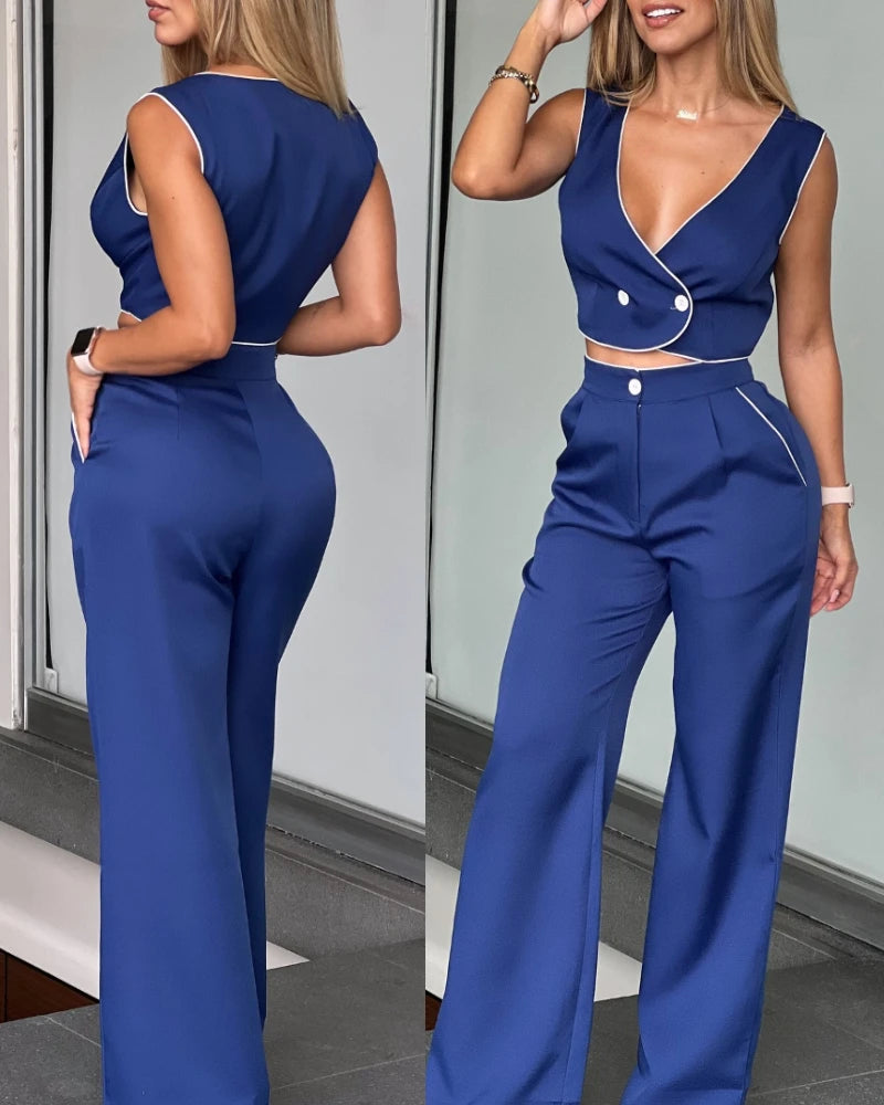 Elegant two piece set for woman UrbanCommuter women's sleeveless button V-neck vest top high waist pocket straight leg pants set