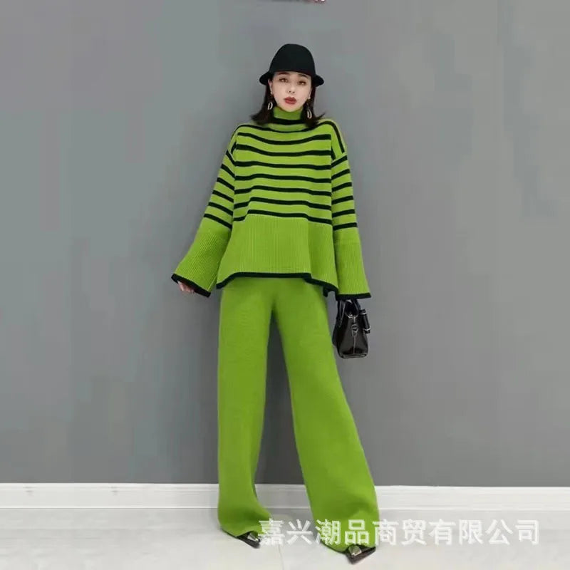 Autumn and Winter Two Piece Set for Women Turtleneck Sweater Loose Stripes Tops+Pant Sets Lazy Sweater for Women Wide Leg Pants