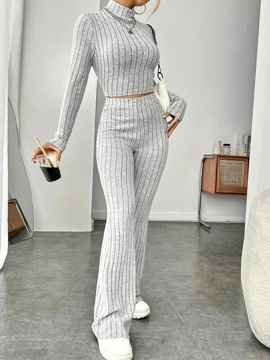 2024 Spring Knitted 2 Piece Sets Women Tracksuit Long Sleeve Vintage Sweater Crop Top Flare Pants Stretch Matching Suit Outfit