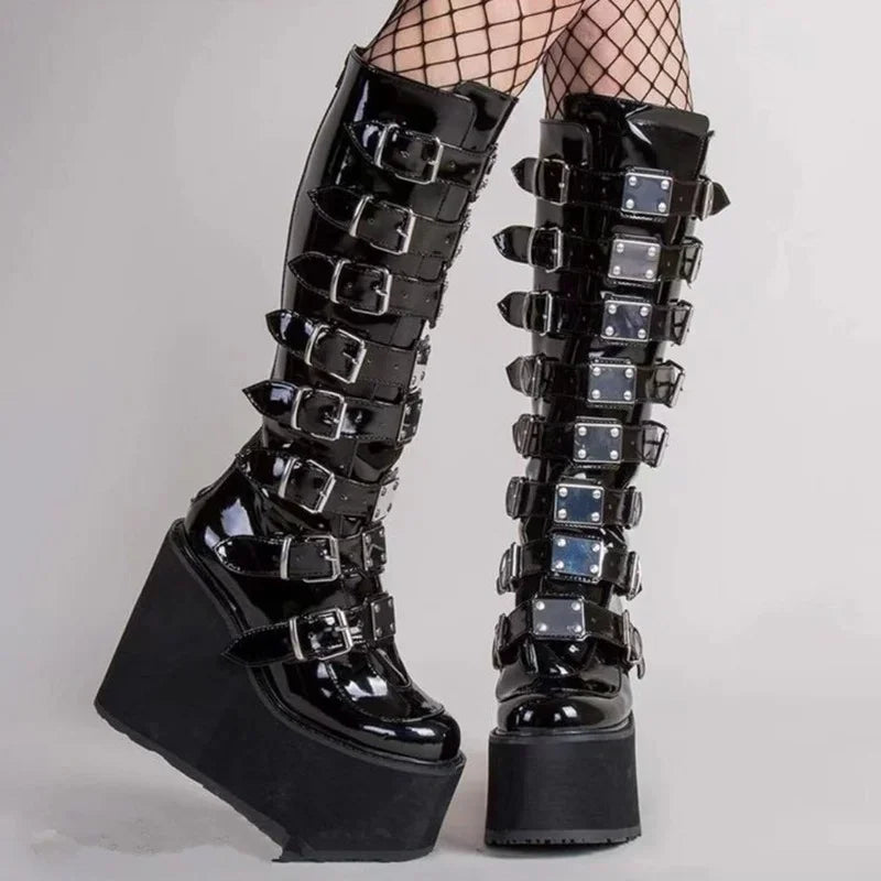 Women Boots Plus Size 2024 New Platform Thick Heel Boots Women Punk Gothic Black Buckle Shoes Woman Fashion Women's Boots