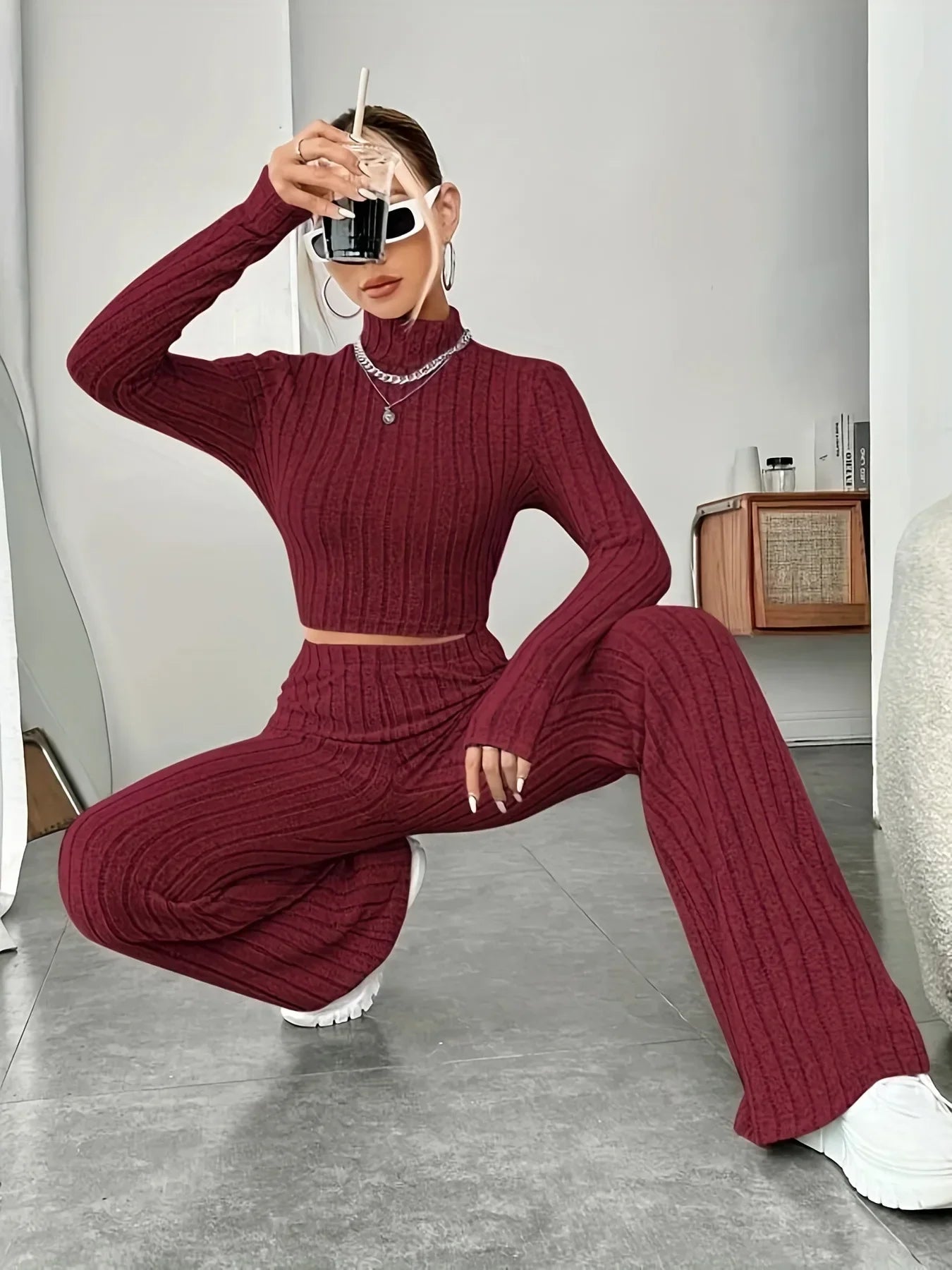 2024 Spring Knitted 2 Piece Sets Women Tracksuit Long Sleeve Vintage Sweater Crop Top Flare Pants Stretch Matching Suit Outfit