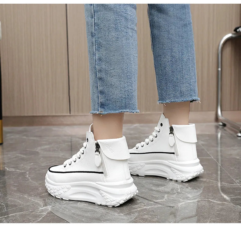 Women Boots High Top Winter Plush 2024 New Round Toe Thick Sole Height Increasing Lace Up Zipper Platform Casual Shoe Warm Boots