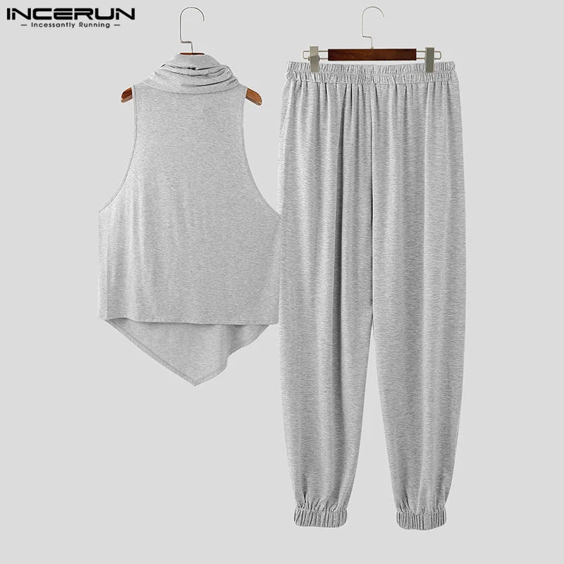 INCERUN 2024 American Style Sets Fashion Men's Sleeveless Sweatshirt Pants Casual Pile Neck Design Irregular Hem Two-piece Sets