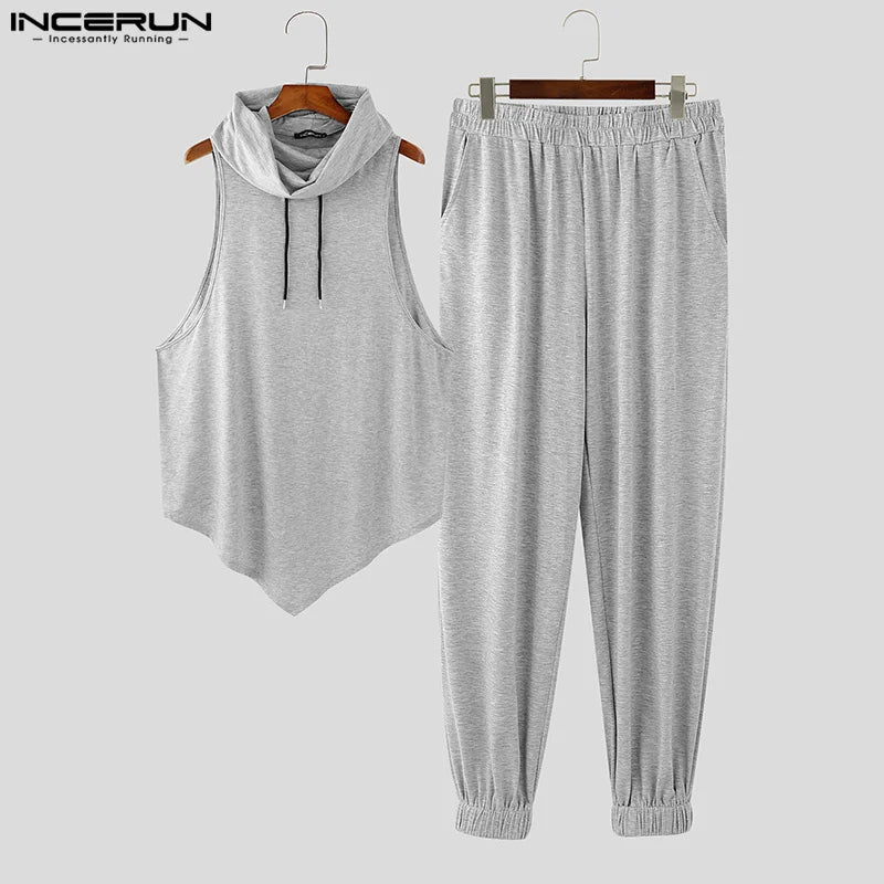 INCERUN 2024 American Style Sets Fashion Men's Sleeveless Sweatshirt Pants Casual Pile Neck Design Irregular Hem Two-piece Sets