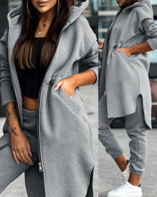 Women's Sweatpants Sets 2023 New Autumn/winter Fashion Zipper Design Longline Hooded Coat & Casual Cuffed Pants Two Piece Suit