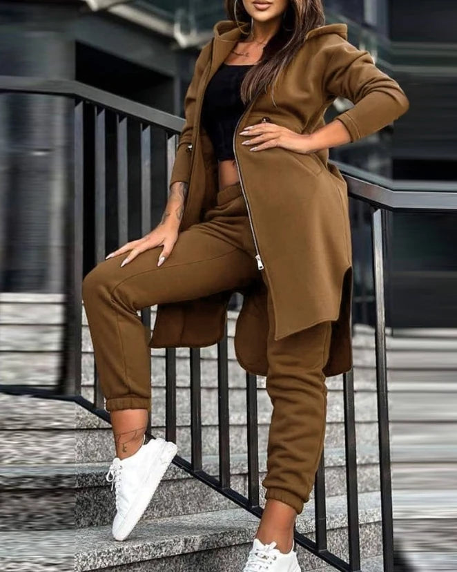 Women's Sweatpants Sets 2023 New Autumn/winter Fashion Zipper Design Longline Hooded Coat & Casual Cuffed Pants Two Piece Suit