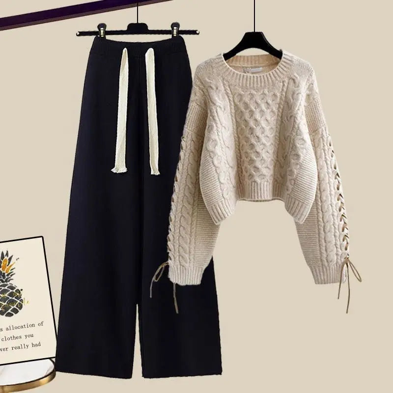 Winter New Round Neck Long Sleeve Knitted Sweater Fried Dough Twists Knitted Wide Leg Pants Two Piece Elegant Women's Pants Set