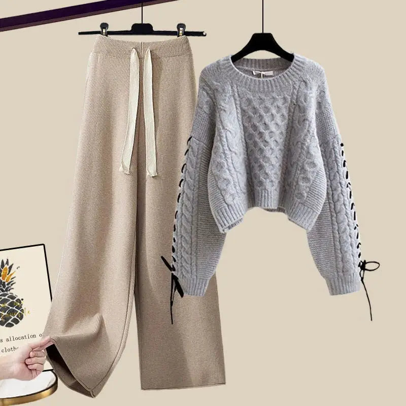 Winter New Round Neck Long Sleeve Knitted Sweater Fried Dough Twists Knitted Wide Leg Pants Two Piece Elegant Women's Pants Set