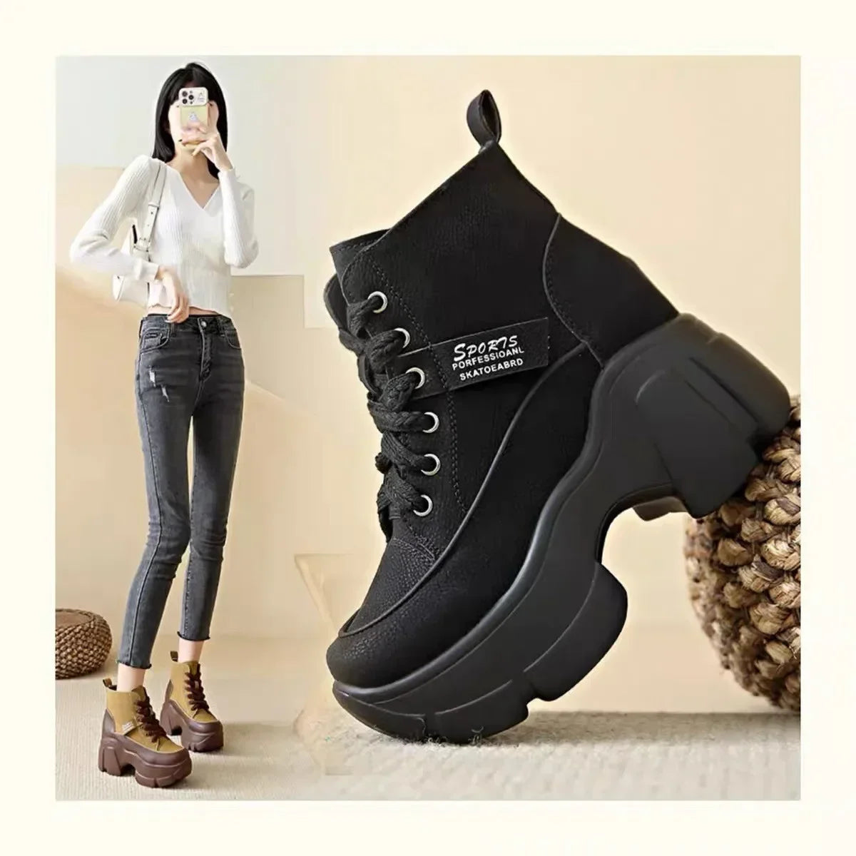 Women's Shoes on Sale High Quality Lace Up Women Boots Winter Round Toe Mixed Colors Short Barrel Platform Increase Height Boots