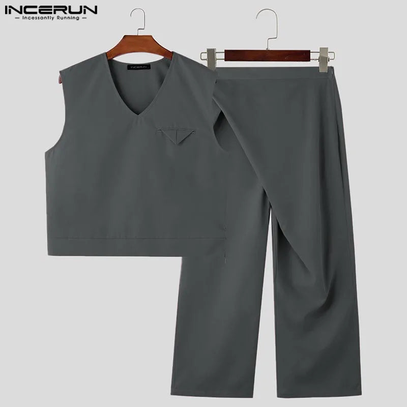 Stylish Mens Sets INCERUN 2024 Deconstruction Design Solid Color Sets Casual Streetwear Male All-match Vests Pant Two-piece Sets