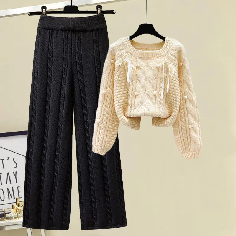 Winter New Round Neck Long Sleeve Knitted Sweater Fried Dough Twists Knitted Wide Leg Pants Two Piece Elegant Women's Pants Set