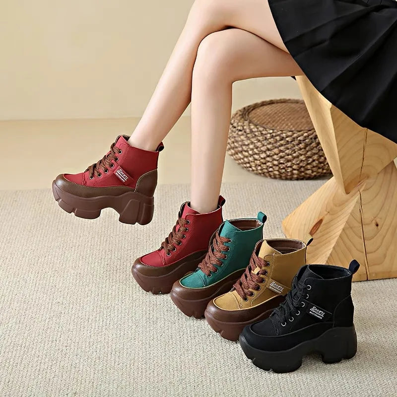 Women's Shoes on Sale High Quality Lace Up Women Boots Winter Round Toe Mixed Colors Short Barrel Platform Increase Height Boots