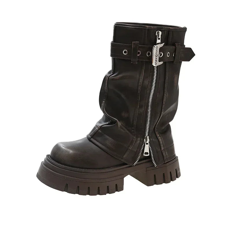 2023 New Shoes for Women Belt Buckle Women's Boot Fashion Side Zipp Modern Boots Women High Quality Round Toe Mid-Calf Zapatos