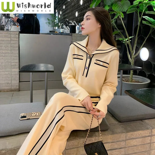 Fashion Suit Women's Autumn and Winter New Style Western-style Age Reducing Navy Collar Top Long Pants Two-piece Set