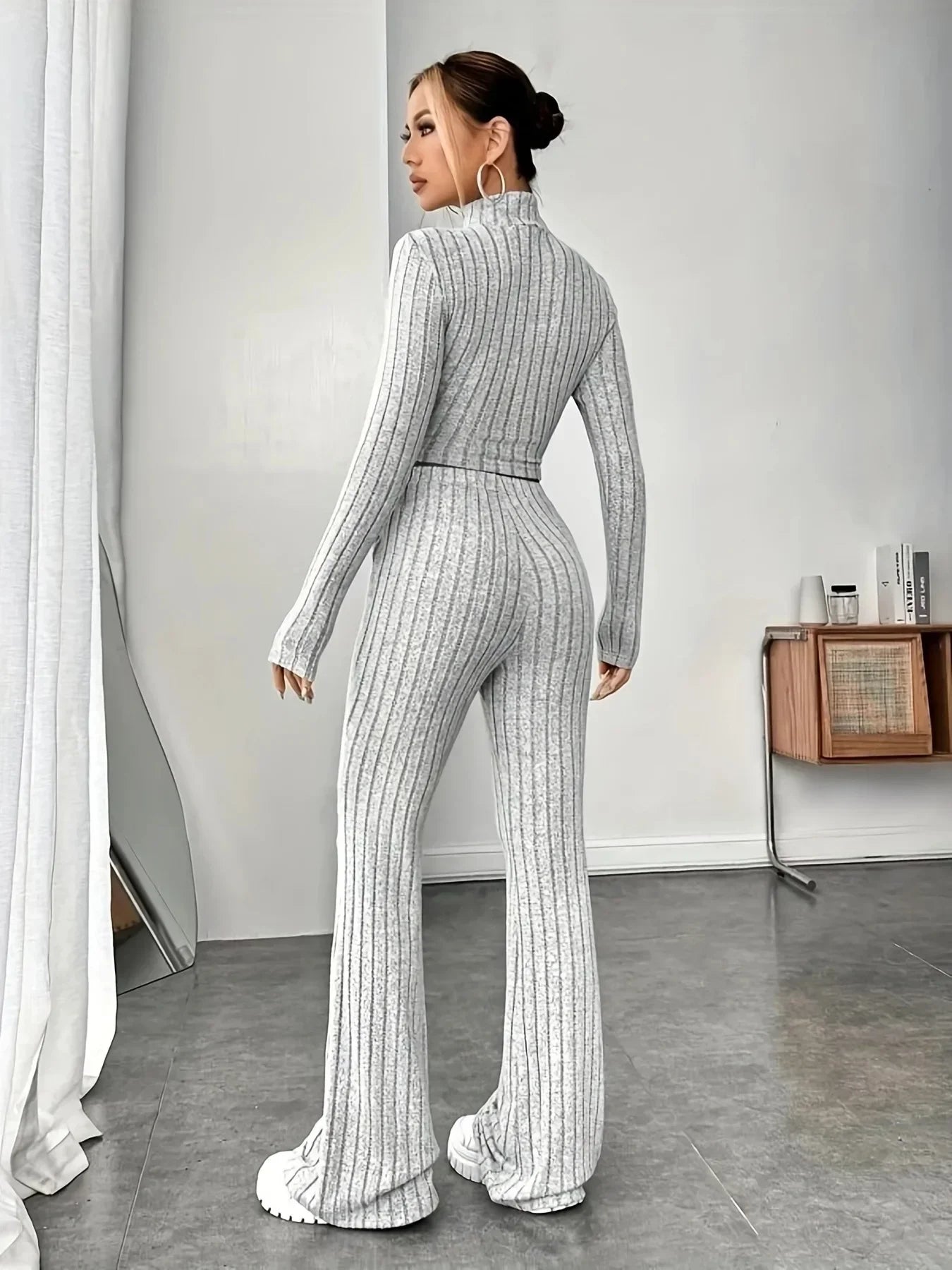 2024 Spring Knitted 2 Piece Sets Women Tracksuit Long Sleeve Vintage Sweater Crop Top Flare Pants Stretch Matching Suit Outfit