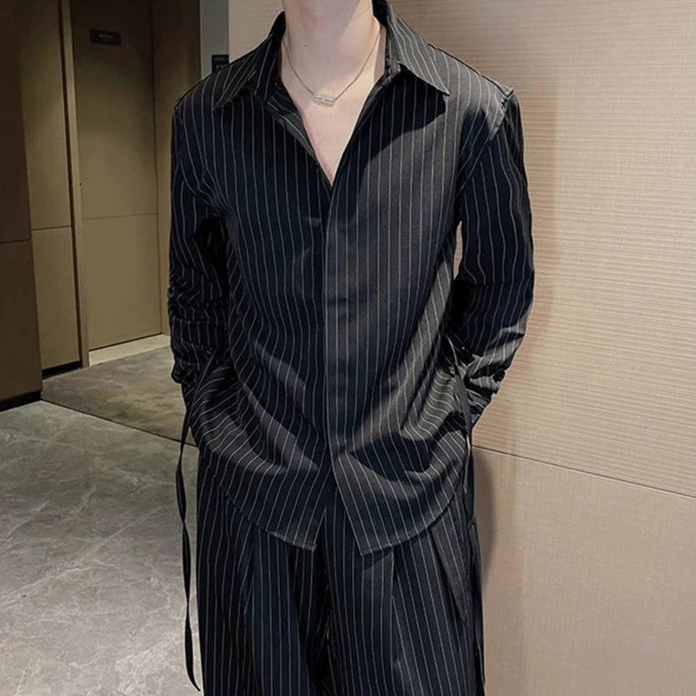 Mens Suit Vertical Stripes Long Sleeved Shirt Waist Belt Vintage Style Autumn New Trend Fitting Straight Leg Pants Two-Piece Set