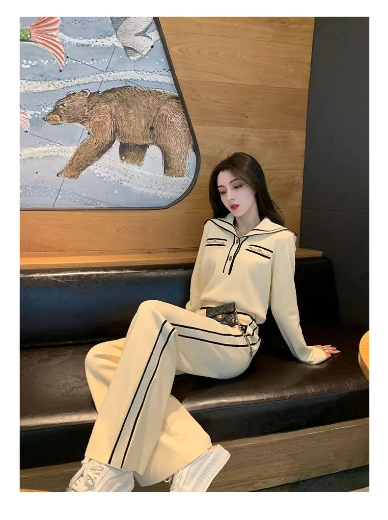 Fashion Suit Women's Autumn and Winter New Style Western-style Age Reducing Navy Collar Top Long Pants Two-piece Set